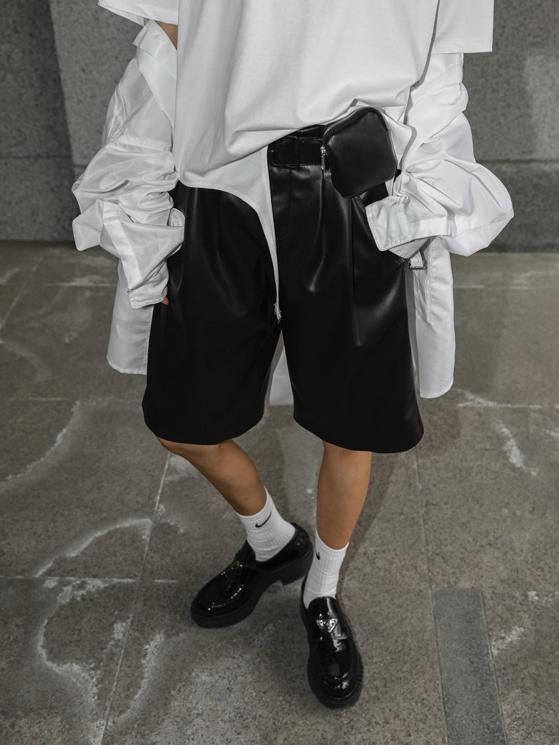 POCKET BELT DETAIL VEGAN LEATHER BERMUDA SHORTS