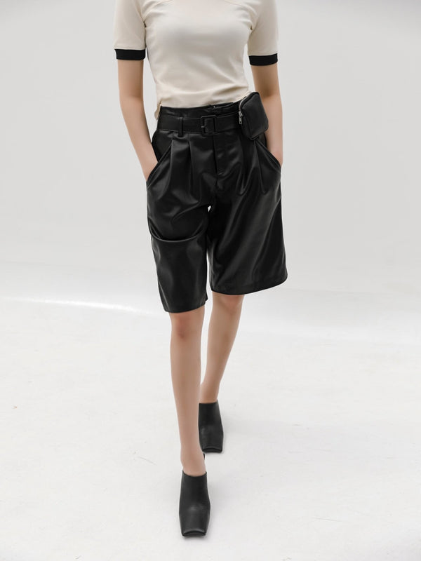 POCKET BELT DETAIL VEGAN LEATHER BERMUDA SHORTS