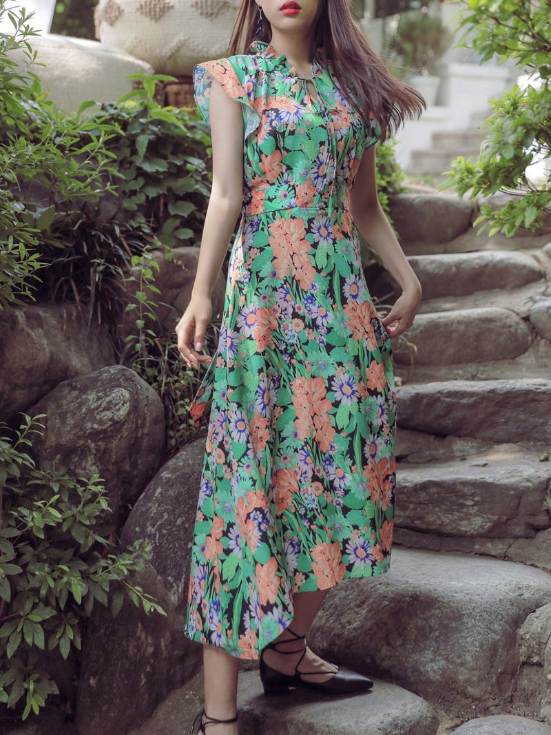 FLORAL RUFFLED NECK DRESS