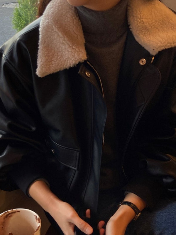 SHEARLING COLLAR VEGAN LEATHER JACKET