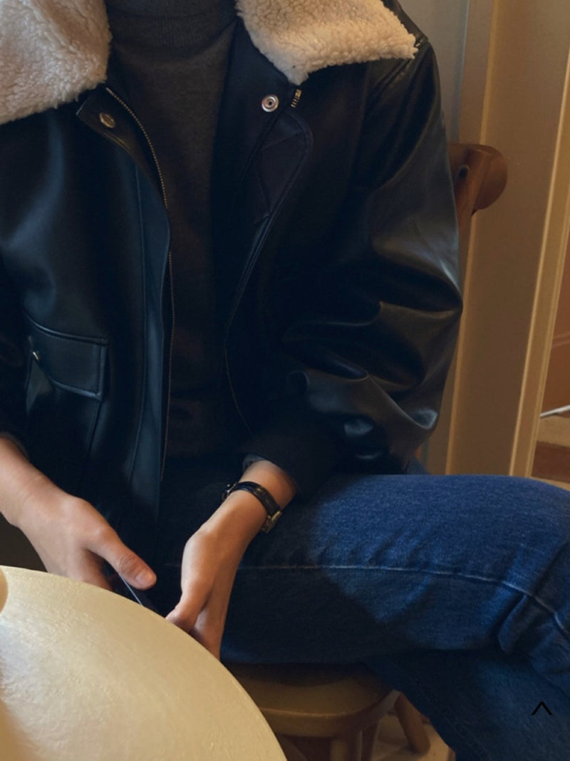 SHEARLING COLLAR VEGAN LEATHER JACKET