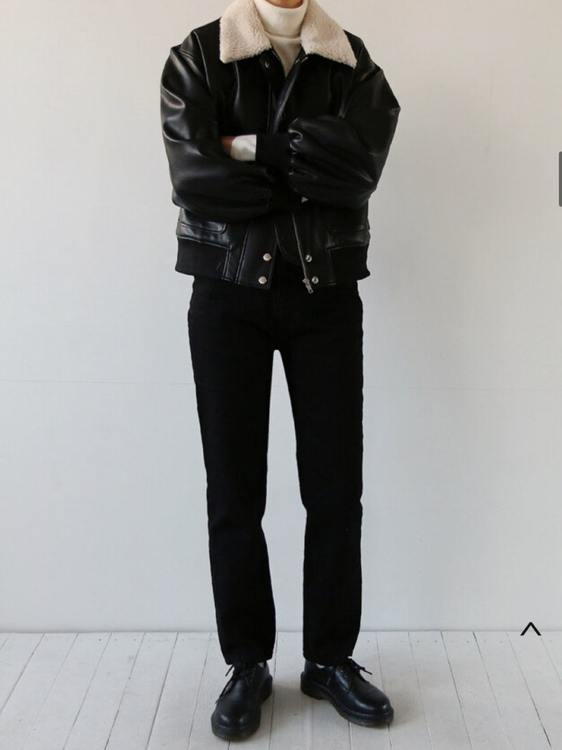 SHEARLING COLLAR VEGAN LEATHER JACKET