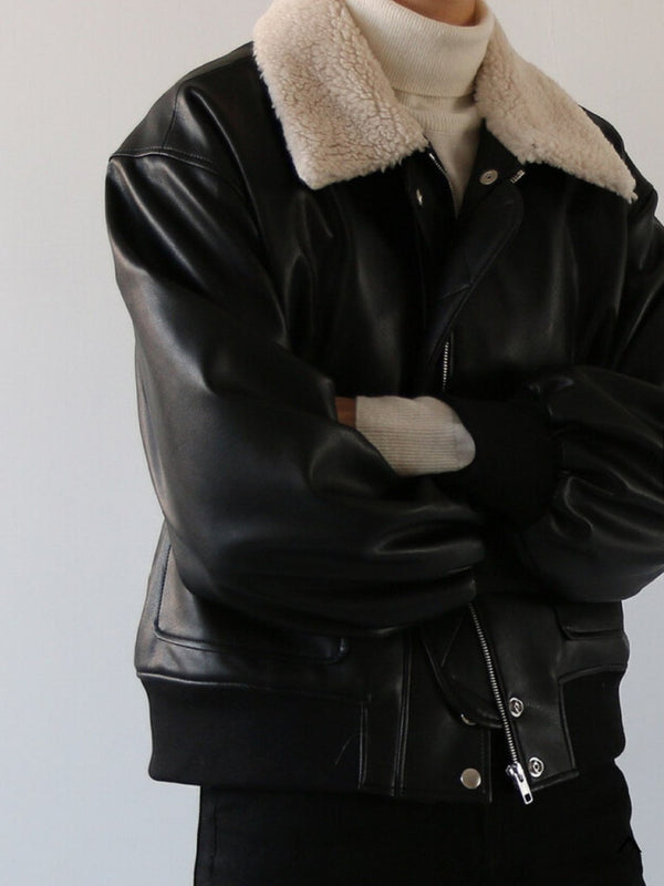 SHEARLING COLLAR VEGAN LEATHER JACKET