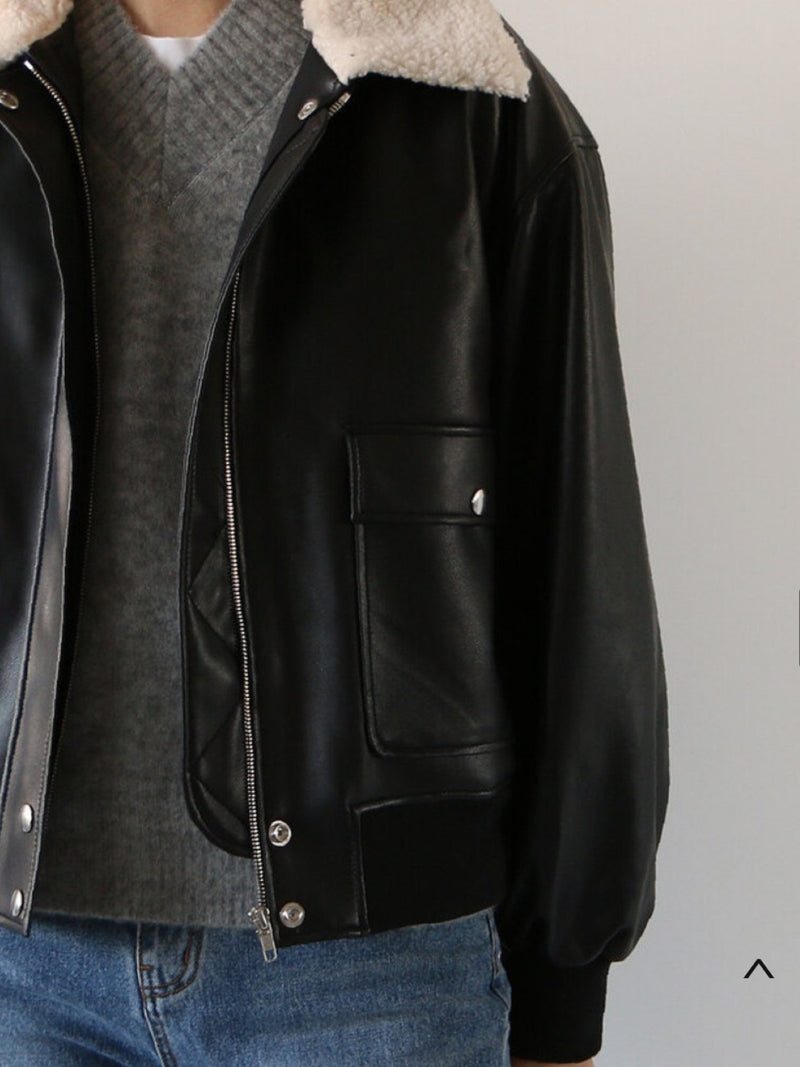 SHEARLING COLLAR VEGAN LEATHER JACKET