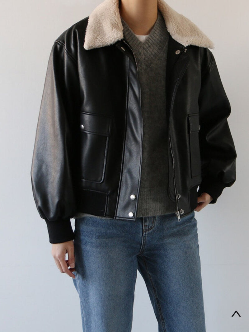 SHEARLING COLLAR VEGAN LEATHER JACKET
