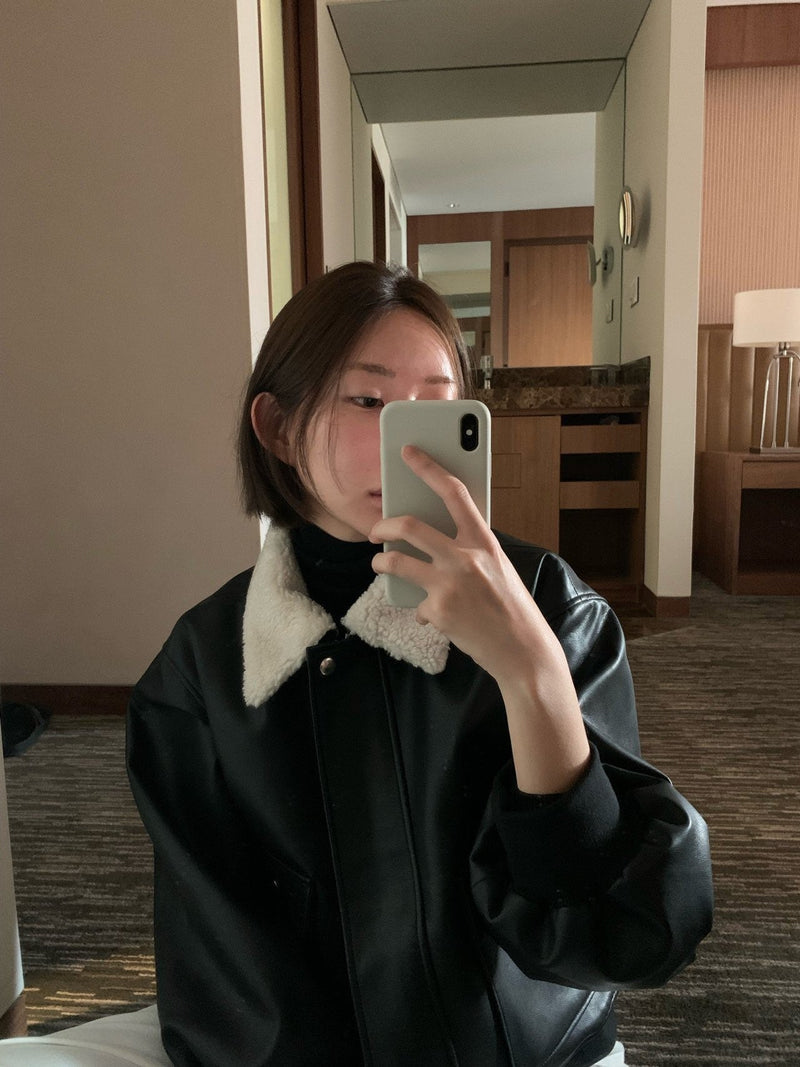 SHEARLING COLLAR VEGAN LEATHER JACKET
