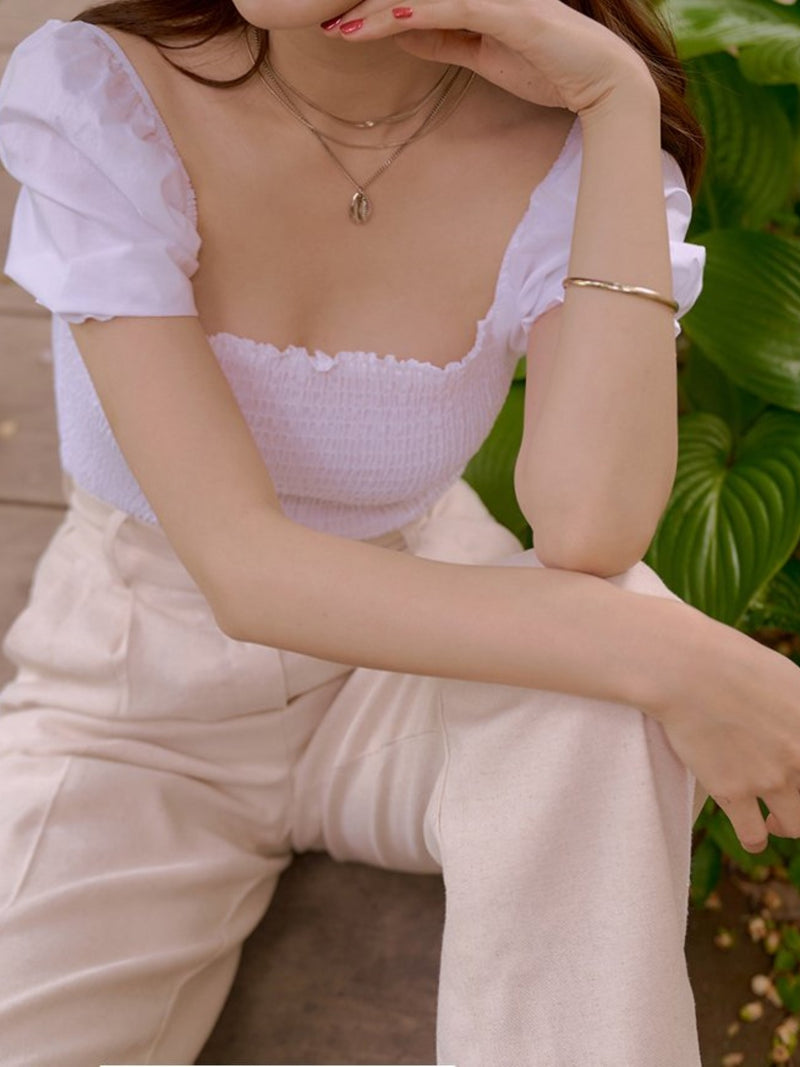 SHIRRED BLOUSE WITH RUFFLE HEM
