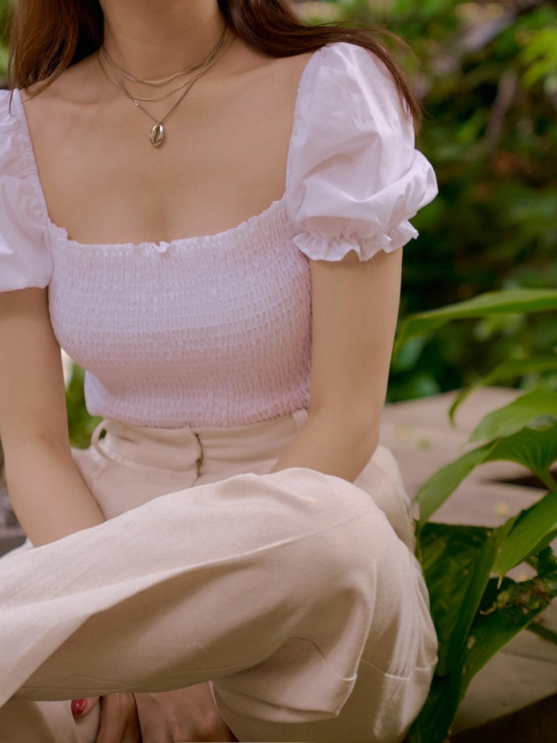 SHIRRED BLOUSE WITH RUFFLE HEM
