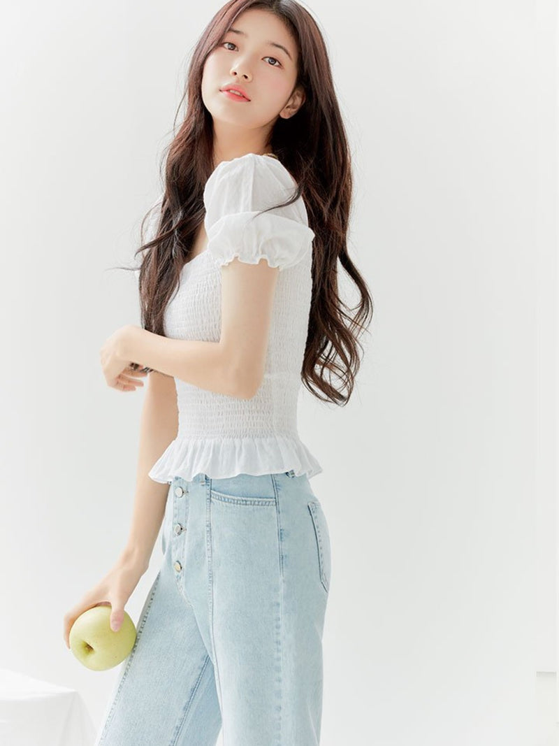 SHIRRED BLOUSE WITH RUFFLE HEM