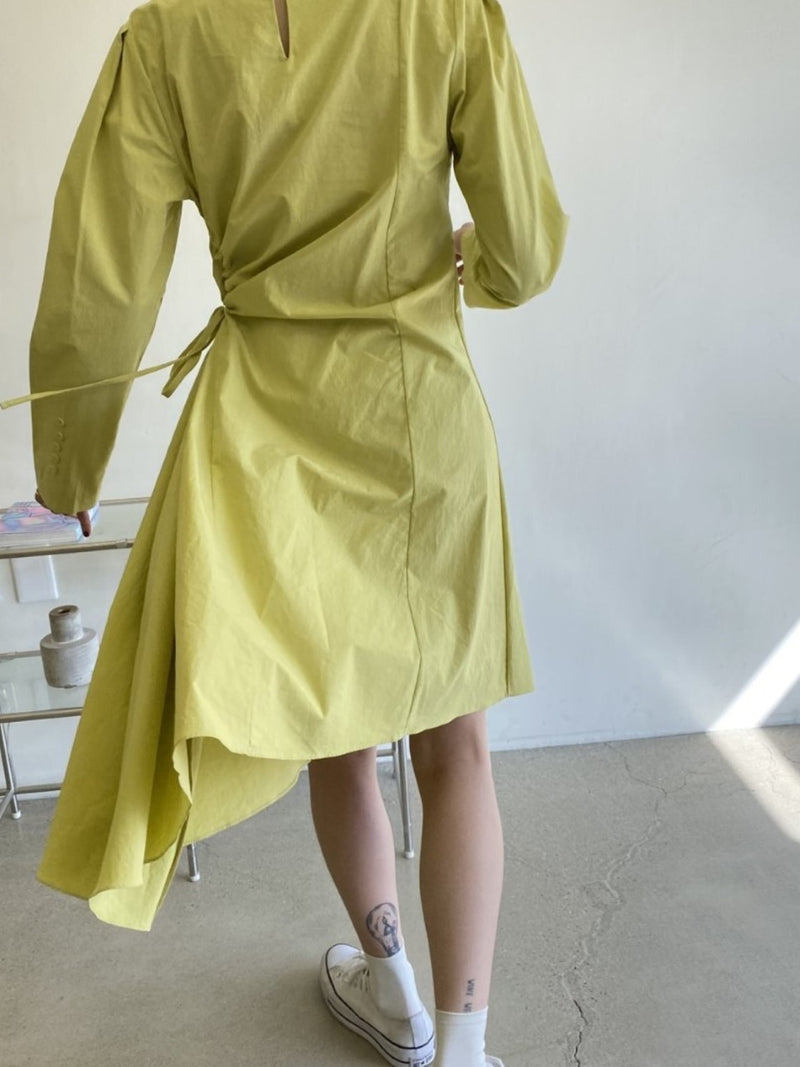 SHIRRED WAIST DIAGONAL HEM COTTON DRESS