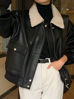 SHEARLING COLLAR VEGAN LEATHER JACKET