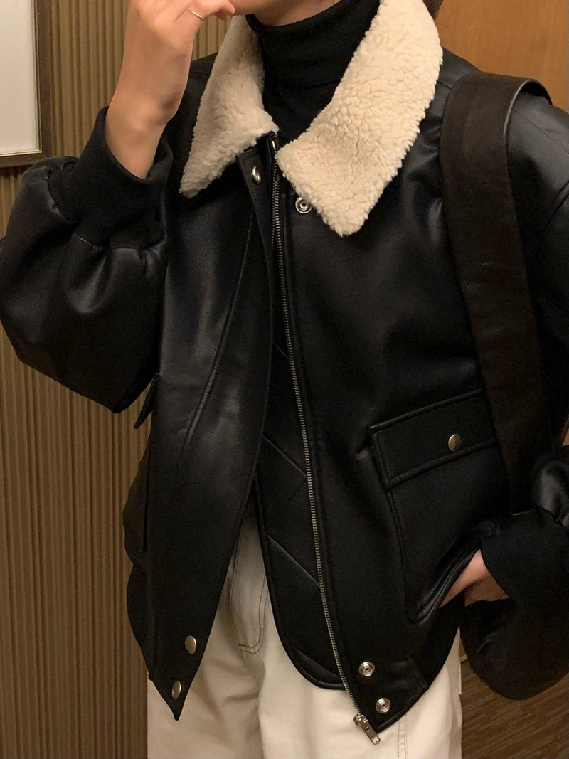 SHEARLING COLLAR VEGAN LEATHER JACKET