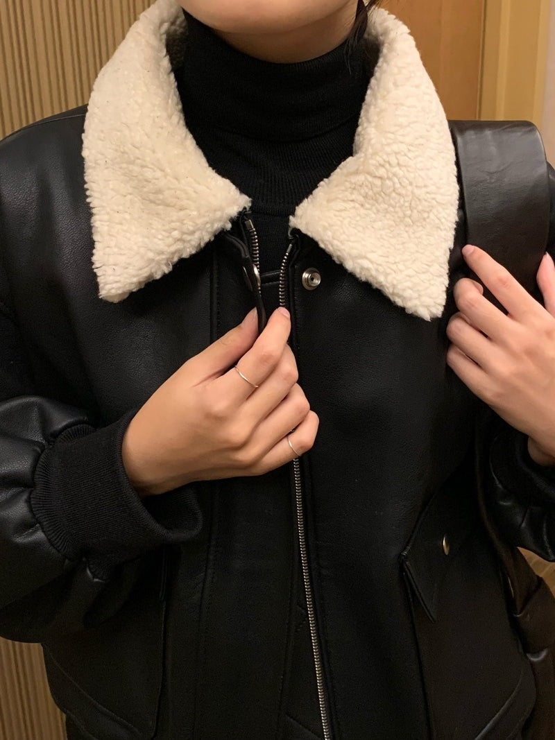 SHEARLING COLLAR VEGAN LEATHER JACKET