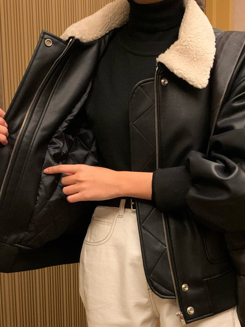 SHEARLING COLLAR VEGAN LEATHER JACKET