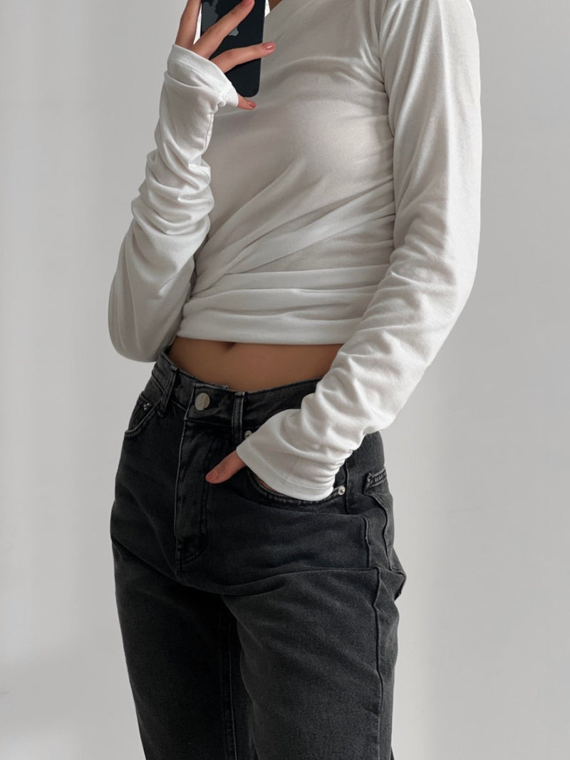 SIDE SHIRRED DRAPED DETAIL BOATNECK TOP