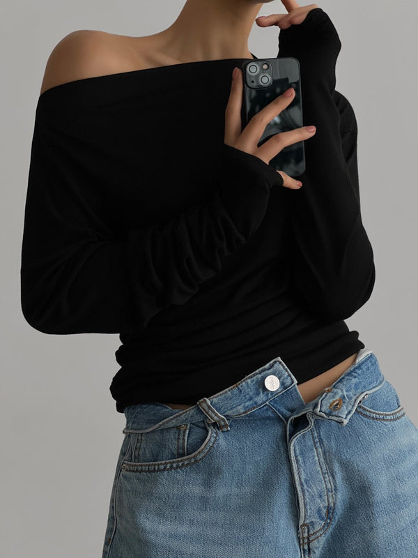 SIDE SHIRRED DRAPED DETAIL BOATNECK TOP