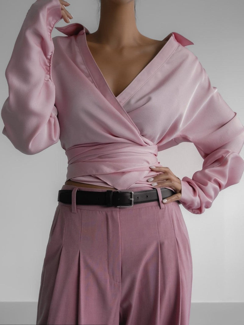 SILKY LONG SLEEVE WRAP BLOUSE