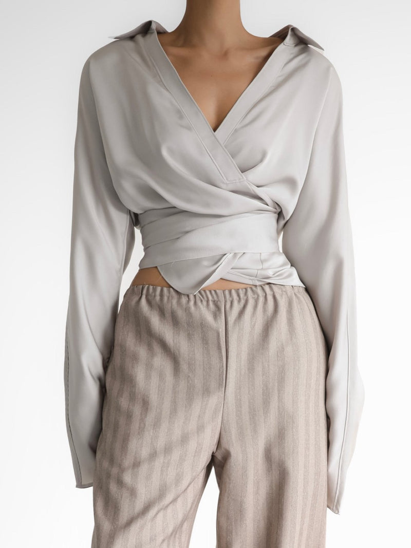 SILKY LONG SLEEVE WRAP BLOUSE