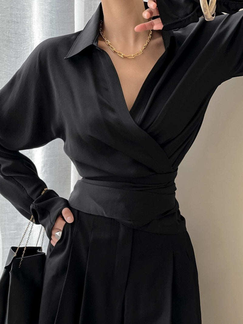 SILKY LONG SLEEVE WRAP BLOUSE