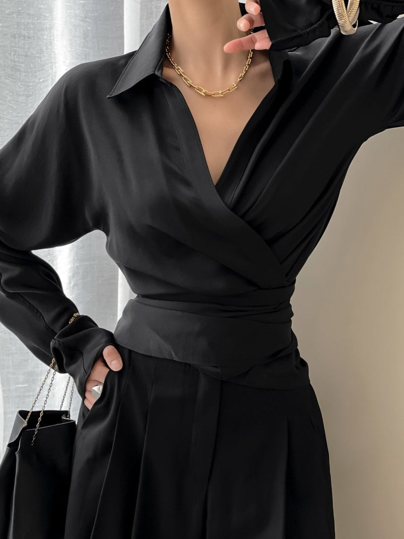 SILKY LONG SLEEVE WRAP BLOUSE