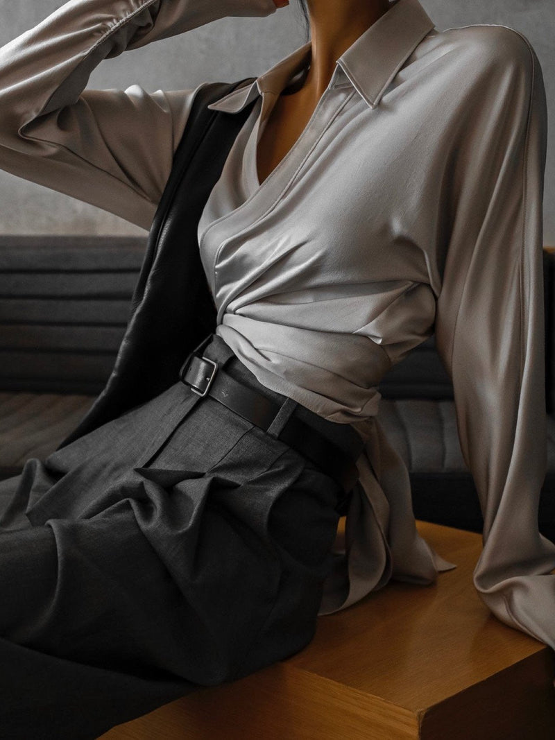 SILKY LONG SLEEVE WRAP BLOUSE