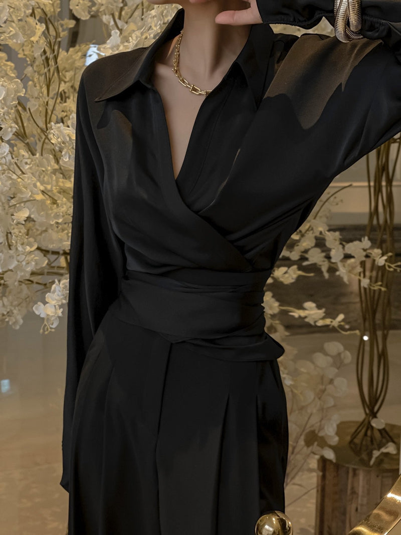SILKY LONG SLEEVE WRAP BLOUSE