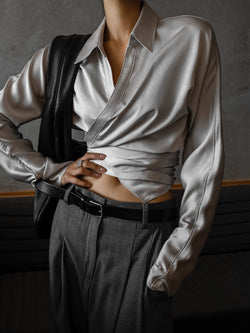 SILKY LONG SLEEVE WRAP BLOUSE