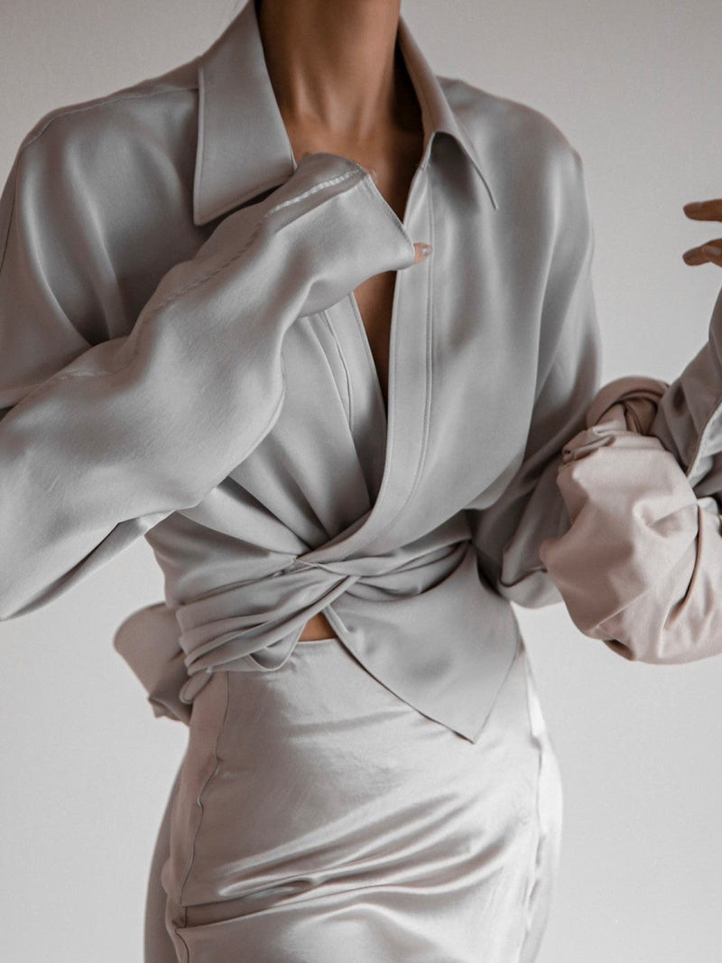 SILKY LONG SLEEVE WRAP BLOUSE