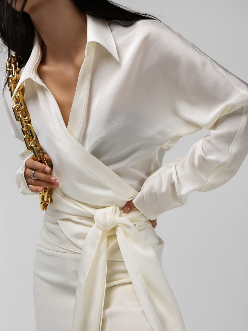 SILKY LONG SLEEVE WRAP BLOUSE