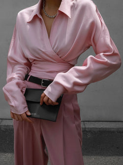 SILKY LONG SLEEVE WRAP BLOUSE