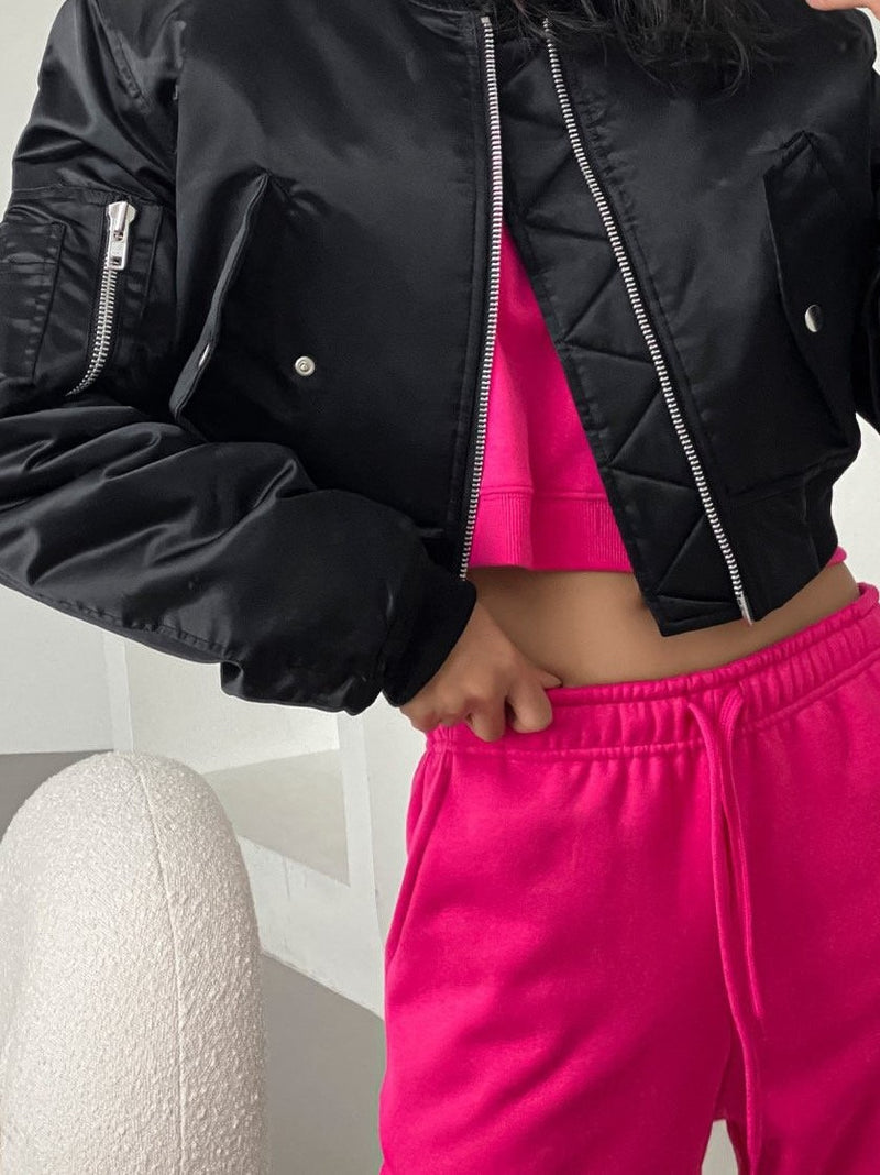 SQUARE SHOULDER CROPPED BOMBER JACKET