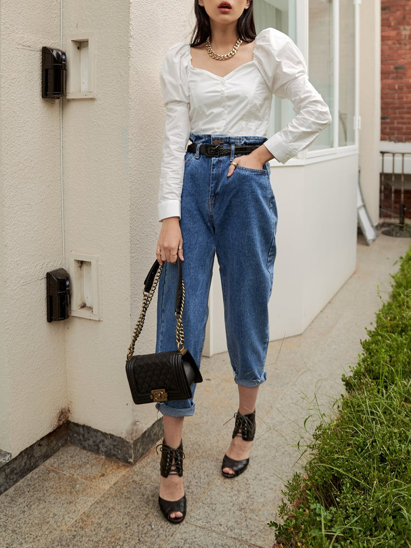 SWEETHEART BALLOON SHOULDER COTTON BLOUSE