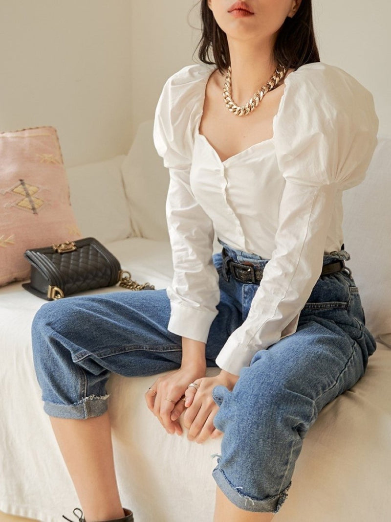 SWEETHEART BALLOON SHOULDER COTTON BLOUSE