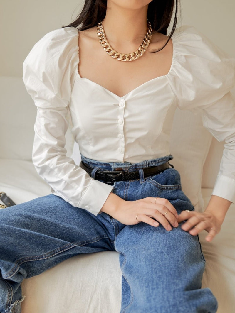 SWEETHEART BALLOON SHOULDER COTTON BLOUSE