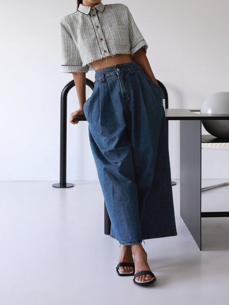 THREE PIN-TUCK WIDE DENIM CULOTTES