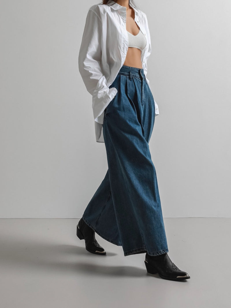 THREE PIN-TUCK WIDE DENIM CULOTTES