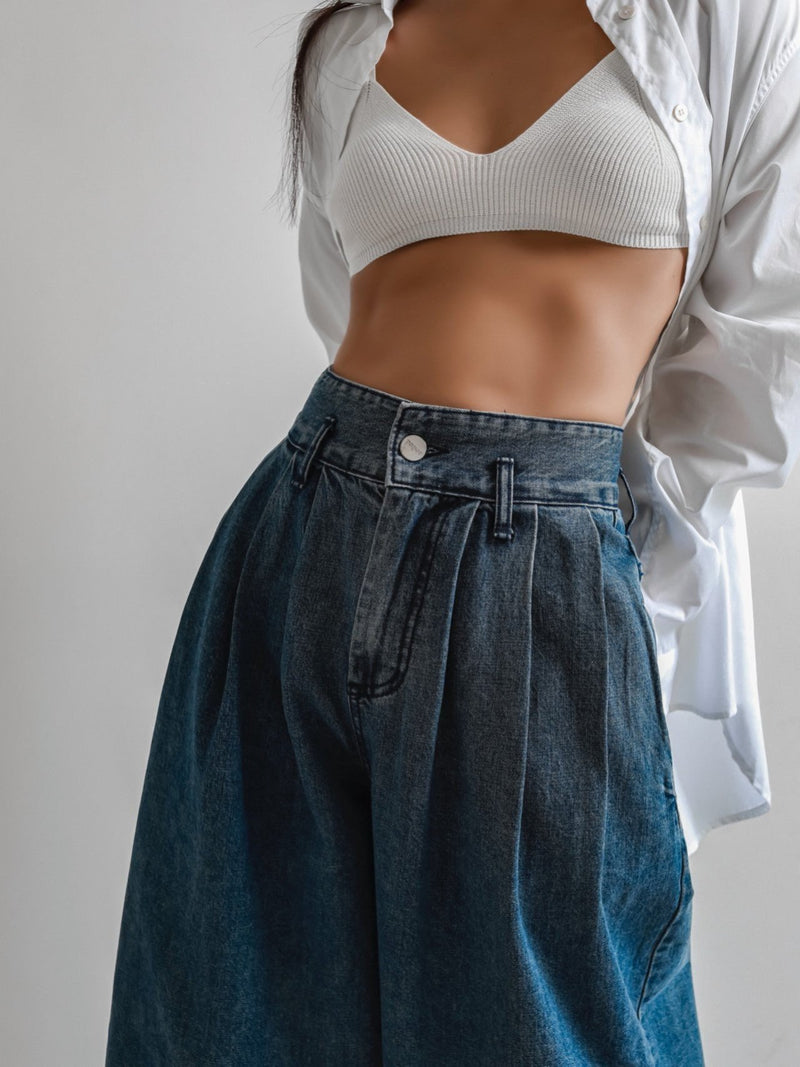 THREE PIN-TUCK WIDE DENIM CULOTTES