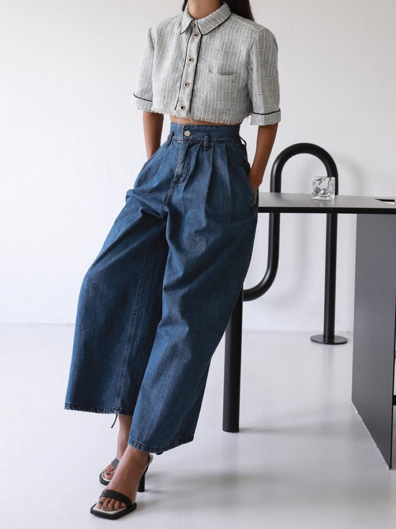 THREE PIN-TUCK WIDE DENIM CULOTTES