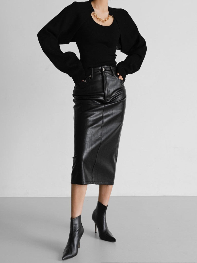 VEGAN LEATHER MIDI SKIRT