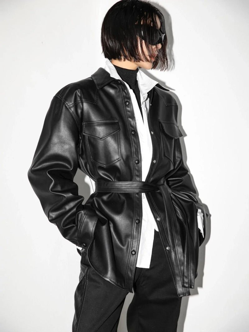 BELTED VEGAN LEATHER SHIRT