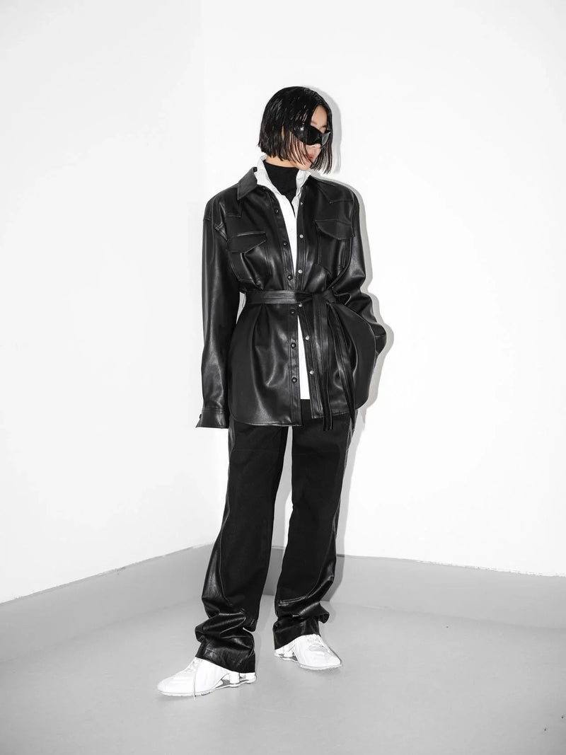 BELTED VEGAN LEATHER SHIRT