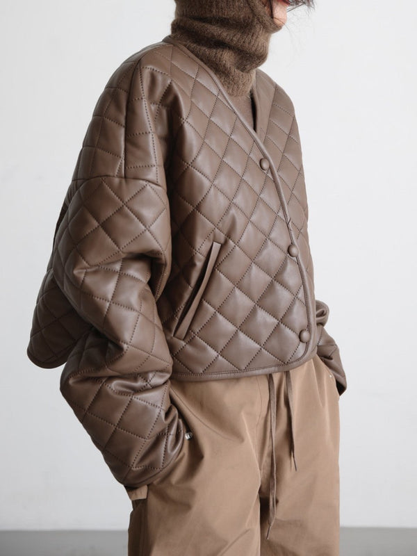 VEGAN LEATHER BUTTON DETAIL QUILTED CROPPED JACKET
