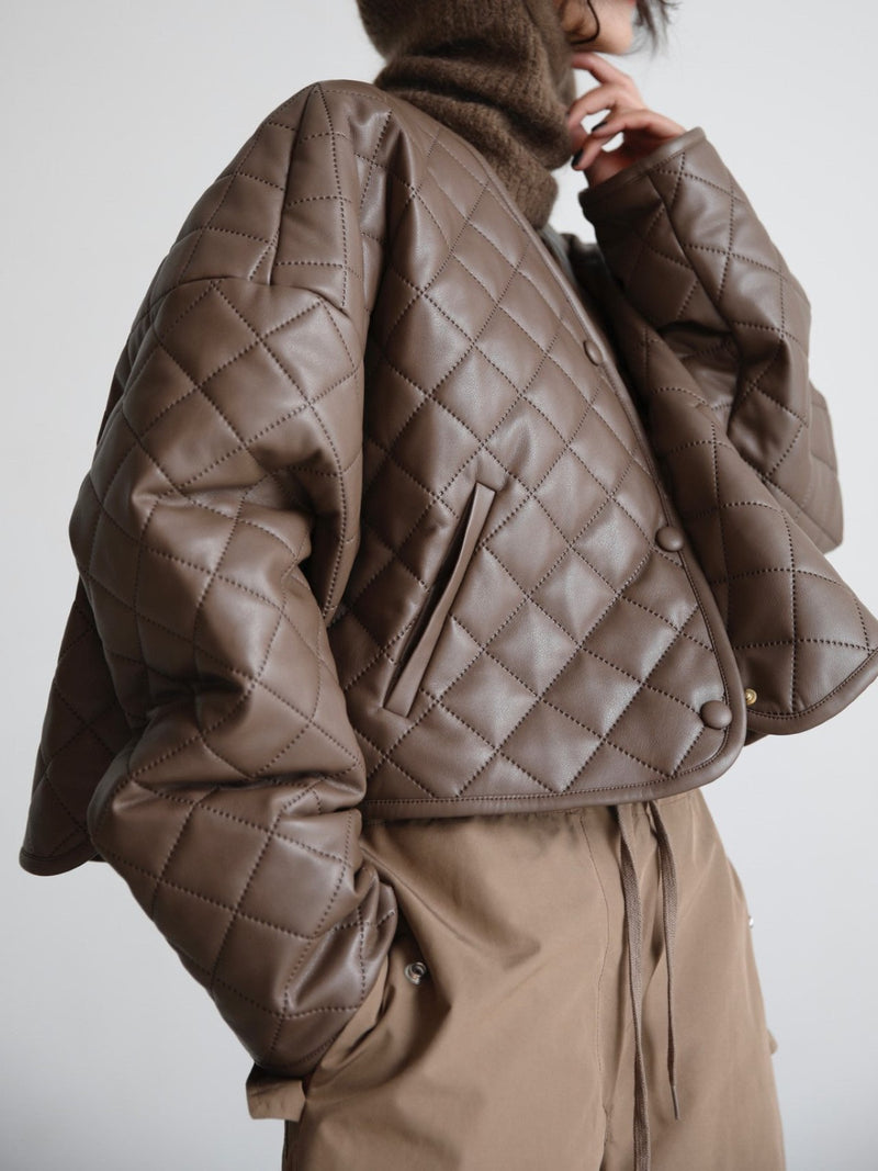 VEGAN LEATHER BUTTON DETAIL QUILTED CROPPED JACKET