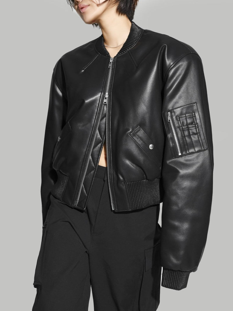 CROPPED VEGAN LEATHER BOMBER JACKET