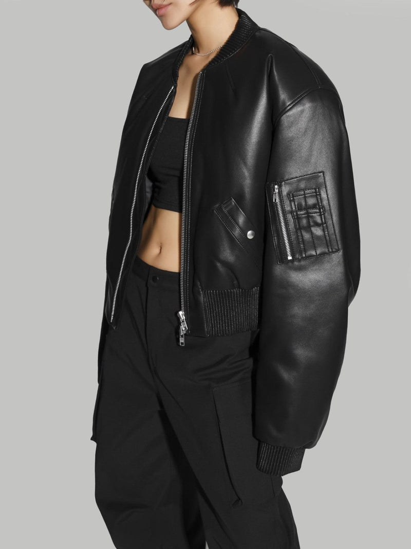 CROPPED VEGAN LEATHER BOMBER JACKET