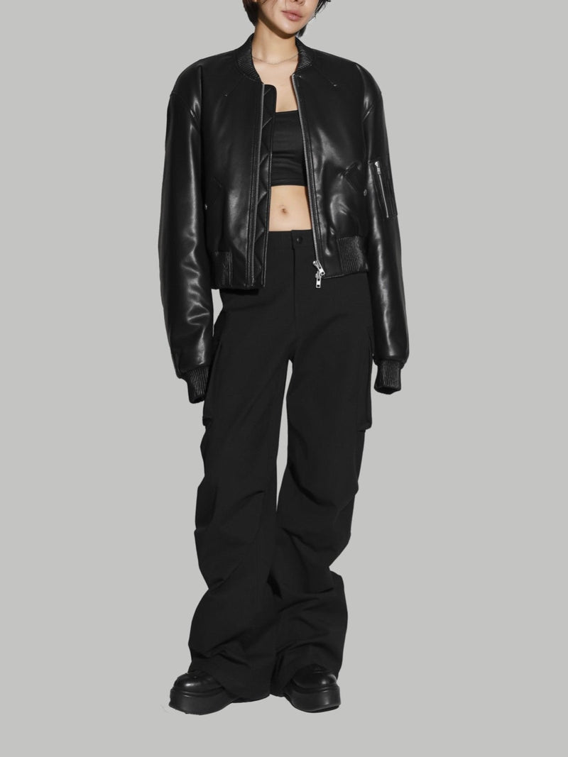 CROPPED VEGAN LEATHER BOMBER JACKET