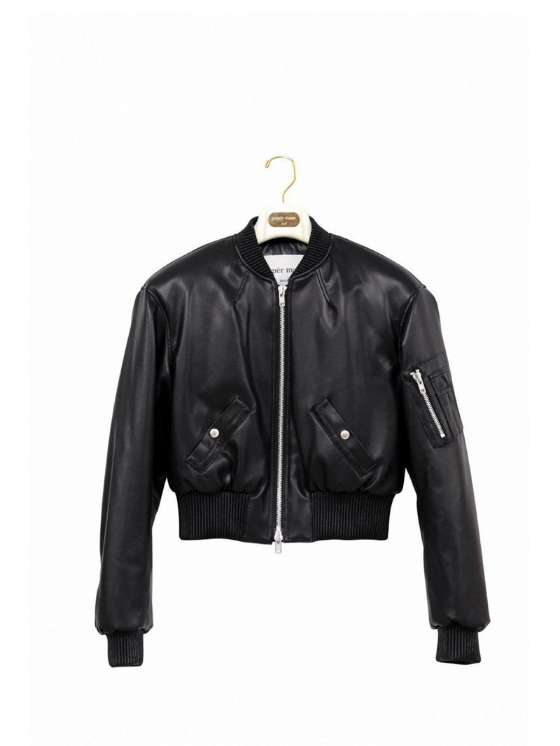 CROPPED VEGAN LEATHER BOMBER JACKET