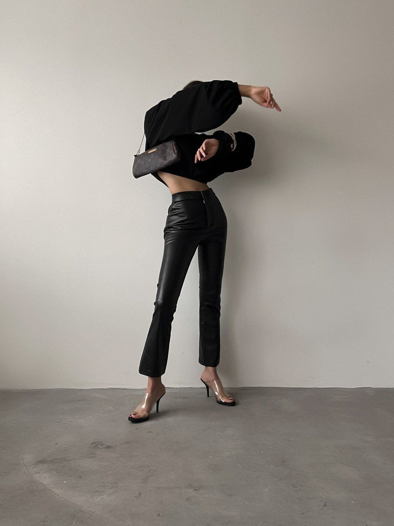 VEGAN LEATHER CROPPED FLARE PANTS
