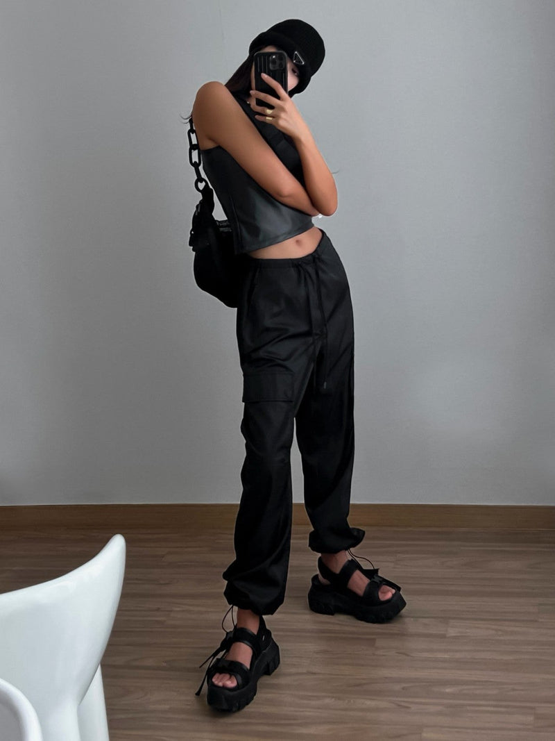 VEGAN LEATHER CROPPED SLEEVELESS TANK