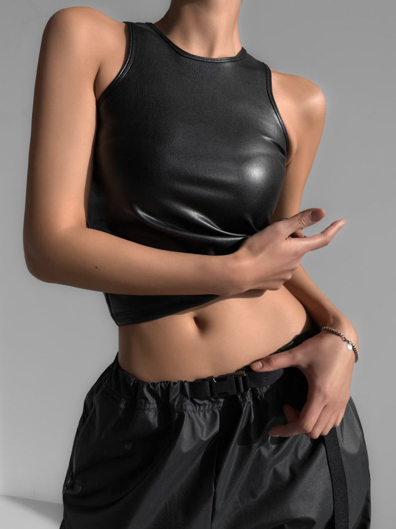 VEGAN LEATHER CROPPED SLEEVELESS TANK